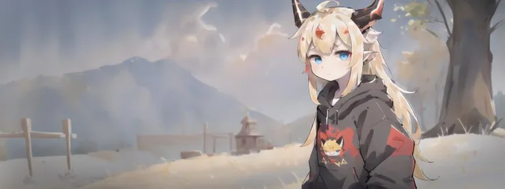 masterpiece, best quality, landscape, 2others,
(red and black dragon horns, black tail, dark gold hair, short hair, gold eyes), (gold and white dragon horns, white tail, blonde hair, long hair, blue eyes),
chibi, pointy ears, flat chest, slit pupils, ahoge, light skin, hoodie, bottomless, looking at another,