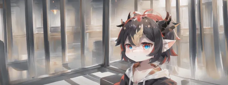 masterpiece, best quality, landscape, 2others,
(red and black dragon horns, black tail, dark gold hair, short hair, gold eyes), (gold and white dragon horns, white tail, blonde hair, long hair, blue eyes),
chibi, pointy ears, flat chest, slit pupils, ahoge, light skin, hoodie, bottomless, looking at another,