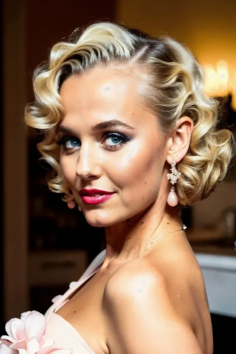 photo of mds wearing a milk maid dress, (light pink milk maid dress), (upright pin curl hairstyle), (blonde hair), (kitchen background), elegant, highly detailed. vibrant, photorealistic, realistic, sharp focus, 8k, <lyco:MadisonI-RealVision-V1.0:1.0>