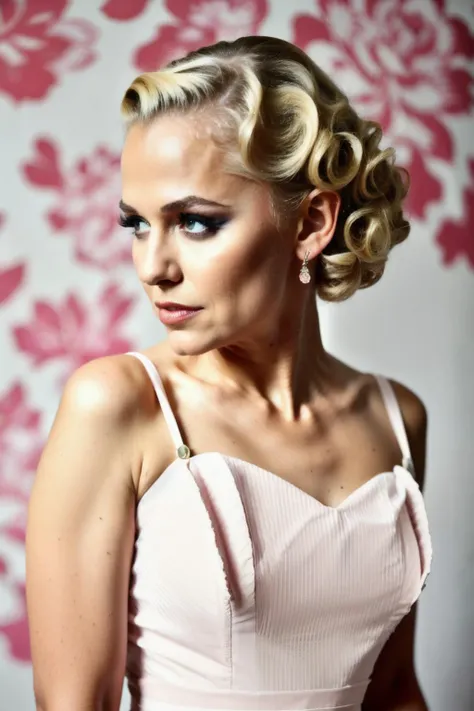 photo of mds wearing a milk maid dress, (light pink milk maid dress), (upright pin curl hairstyle), (blonde hair), (kitchen background), elegant, highly detailed. vibrant, photorealistic, realistic, sharp focus, 8k, <lyco:MadisonI-RealVision-V1.0:1.0>
