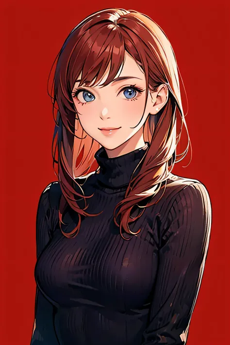 masterpiece, best quality, high quality, 1girl,turtleneck sweater,simple background,red background, beautiful face, smile,