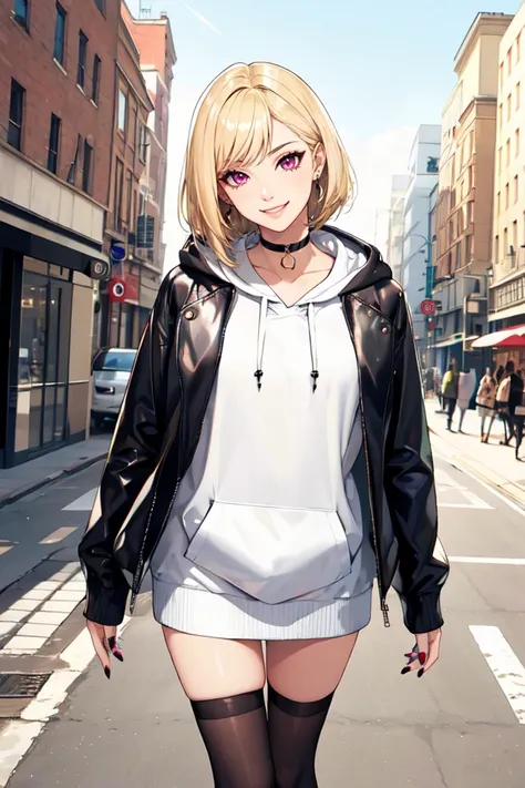 (masterpiece),(best quality),highres,incredibly absurdres,absurdres,very_high resolution,original,intricate details,hyper detail,ultra-detailed,exquisite detailed,extremely delicate,illustration,
(1girl),(solo),solo_focus,
looking at viewer,mature female,
shiny hair,glossy hair,forehead,diagonal bangs,swept bangs,short hair,hair behind ear,black hair,
sharp_eyelid,eyeliner,eyelashes,eyeshadow,lipgloss,lips,high_nose,smile,seductive smile,glossy skin,pale skin,shiny skin,medium_breasts,perky_breasts,bag, black choker, black jacket, black socks, blonde hair, blue nails, choker, earrings, fingernails, outdoors, grin, gyaru, handbag, head tilt, hood, hood down, hoodie, jacket, jewelry, leather, leather jacket, long hair, long hoodie, nail polish, open clothes, open jacket, magenta eyes, sleeves past wrists, smile, white hoodie,scenery,landscape,depth of field,building, city, cityscape, day, outdoors, street, tree,