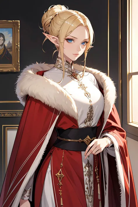 (masterpiece), (best quality), highres, incredibly absurdres, absurdres, very_high resolution, original, intricate details, hyper detail, ultra-detailed, exquisite detailed,extremely delicate,illustration,sketch, painting \(medium\),
(medieval, fantasy:1.1), 1girl, solo, solo focus, looking at viewer, cowboy shot, luxurious royal chambers,
elf, pointy ears, shiny hair, glossy hair, (updo:1.3), blonde hair, sharp eyelid, eyeliner, eyelashes, eyeshadow, blue eyes, high nose, glossy skin, pale skin, shiny skin, smug, arrogant,
luxurious red robes, diadem, cloak, fur trim,
(mature female:1.3), large breasts,