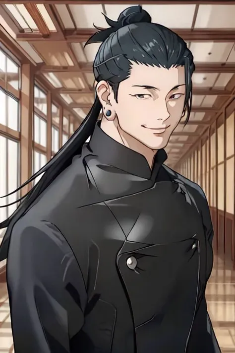 1man, getou, solo, looking at viewer, smile, short hair, black hair, long sleeves, 1boy, closed mouth, standing, jacket, upper body, male focus, cowboy shot, indoors, hair bun, black eyes, black jacket, black pant, piercing, single hair bun, ear piercing, gakuran, hair pulled back, masterpiece,