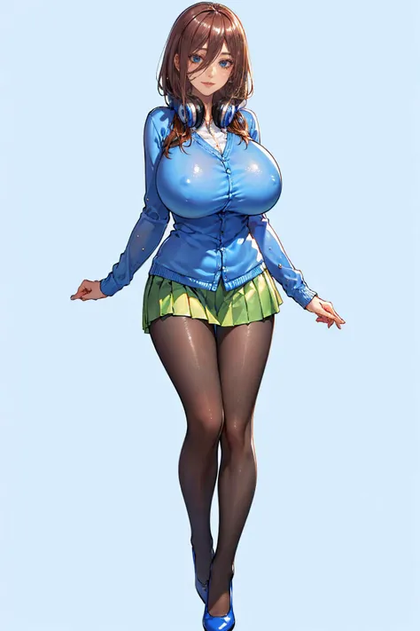 (masterpiece, best quality:1.4), (beautiful, perfect, delicate, detailed, intricate, aesthetic:1.2),(full body:1.3), perfect lighting, smooth, hdr ,
1girl, solo, <lora:mikunakanotest:1>,
(miku nakano, long hair, bangs, blue eyes, brown hair, hair between eyes, headphones, headphones around neck,
School Uniform: skirt, shirt, long sleeves, white shirt, pantyhose, pleated skirt, black pantyhose, cardigan, green skirt, blue cardigan:1.2),
(large breasts,huge breasts:1.4),<lora:FakeBreastsV8:0.5>, <lora:covered_nipples_v20:0.4>,
(seductive smile, narrow waist, skinny, thin,wet clothes,eyeshadow, long eyelashes:1.2),
standing, dynamic pose, (simple background, blue simple background, blue backgroud, solid background, solid blue background:1.3),
<lora:inukami_inoji-04:0.3> <lora:deluster1:-1>
, nice hands, good hands, best hands