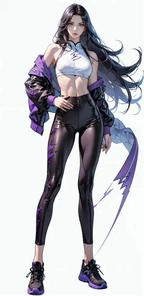 (purple. Thunder tattoo:1.1),(Lightning power:1.4),<lora:DETAIL_SLIDER_BY_STABLE_YOGI:0.8>, (full body shot:1.3), ( Purple Leather leggings:1.25), (Purple Leather sports bra:1.2),Long straight hair, (Battle stance:1.25),
(Mature women:1.2),masterpiece, (best quality),(extremely detailed eyes and face),extremely detailed CG unity 8k wallpaper,best quality,(Perfect detail:1.2),
1 woman, (detailed:1.2), (realistic:1.2), (standing:1.1), (full body shot:1.2), (outdoors:1.1),(skinny:1.5), scenic view,(Long legs:1.1), beautiful legs,
Young wife,(Long black hair:1.2), Long straight hair, (straight hair:1.3),sneakers,(Put your hands behind your hips),(Thunder tattoo:1.1),(Lightning power:1.2),
(white background:1.5), monotonous background,(empty-handed:1.1),scenic view,Secret agent, (ruthless temperament:1.2),(empty-handed:1.3),
<lora:Leggings Sports Bra By Stable Yogi:0.6> <lora:绪å¿-ãè§£å³æå´©é¾é¢ãæ´åå
_v1.0:0.5> <lora:ClothingAdjuster3:-0.1> <lora:ConceptHighLegs_v10:0.2> <lora:muscleGirl_v1:0.1>