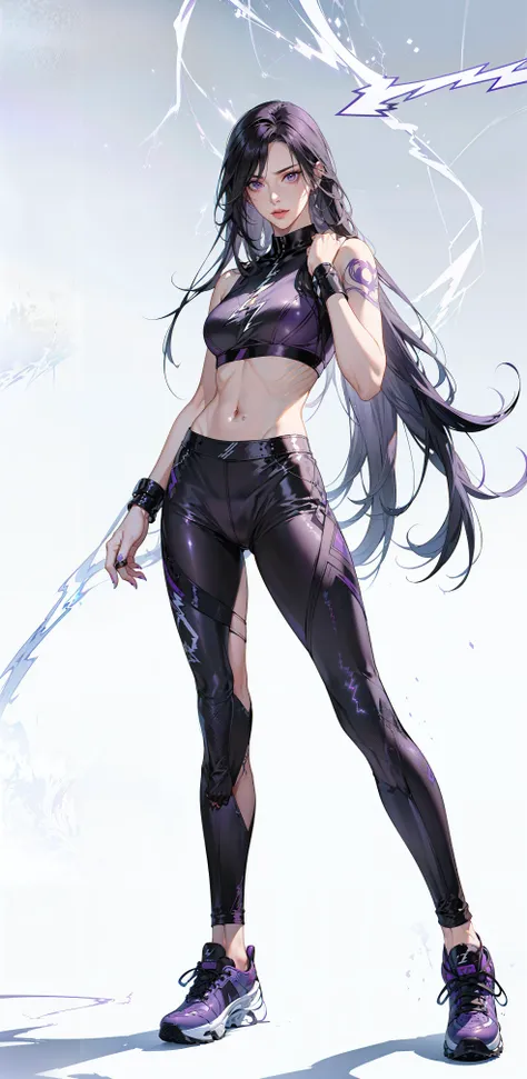 (purple. Thunder tattoo:1.1),(Lightning power:1.4),<lora:DETAIL_SLIDER_BY_STABLE_YOGI:0.8>, (full body shot:1.3), ( Purple Leather leggings:1.25), (Purple Leather sports bra:1.2),Long straight hair, (Battle stance:1.25),
(Mature women:1.2),masterpiece, (best quality),(extremely detailed eyes and face),extremely detailed CG unity 8k wallpaper,best quality,(Perfect detail:1.2),
1 woman, (detailed:1.2), (realistic:1.2), (standing:1.1), (full body shot:1.2), (outdoors:1.1),(skinny:1.5), scenic view,(Long legs:1.1), beautiful legs,
Young wife,(Long black hair:1.2), Long straight hair, (straight hair:1.3),sneakers,(Put your hands behind your hips),(Thunder tattoo:1.1),(Lightning power:1.2),
(white background:1.5), monotonous background,(empty-handed:1.1),scenic view,Secret agent, (ruthless temperament:1.2),(empty-handed:1.3),
<lora:Leggings Sports Bra By Stable Yogi:0.6> <lora:绪å¿-ãè§£å³æå´©é¾é¢ãæ´åå
_v1.0:0.5> <lora:ClothingAdjuster3:-0.1> <lora:ConceptHighLegs_v10:0.2> <lora:muscleGirl_v1:0.1>
