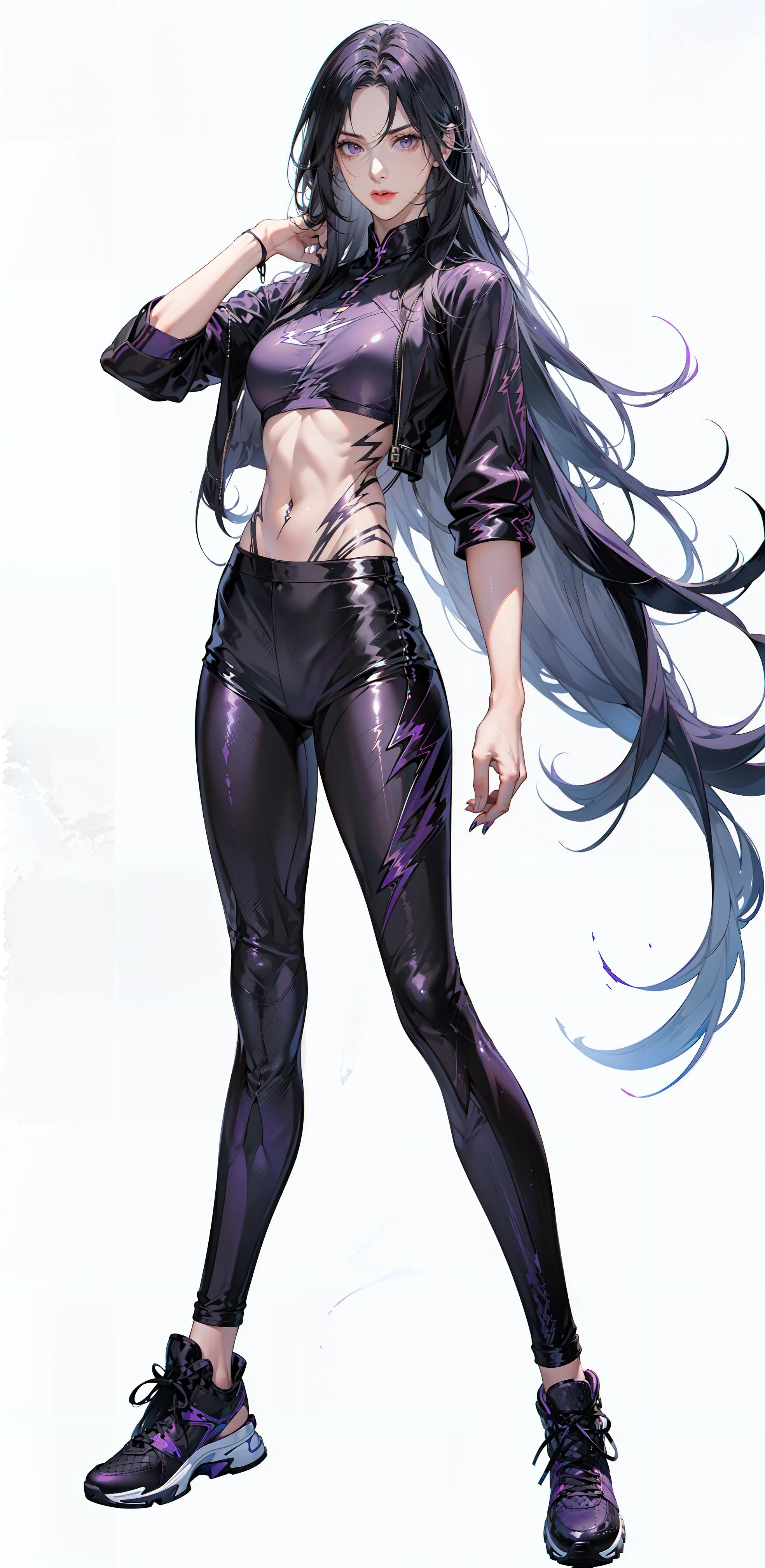 (purple. Thunder tattoo:1.1),(Lightning power:1.4),<lora:DETAIL_SLIDER_BY_STABLE_YOGI:0.8>, (full body shot:1.3), ( Purple Leather leggings:1.25), (Purple Leather sports bra:1.2),Long straight hair, (Battle stance:1.25),
(Mature women:1.2),masterpiece, (best quality),(extremely detailed eyes and face),extremely detailed CG unity 8k wallpaper,best quality,(Perfect detail:1.2),
1 woman, (detailed:1.2), (realistic:1.2), (standing:1.1), (full body shot:1.2), (outdoors:1.1),(skinny:1.5), scenic view,(Long legs:1.1), beautiful legs,
Young wife,(Long black hair:1.2), Long straight hair, (straight hair:1.3),sneakers,(Put your hands behind your hips),(Thunder tattoo:1.1),(Lightning power:1.2),
(white background:1.5), monotonous background,(empty-handed:1.1),scenic view,Secret agent, (ruthless temperament:1.2),(empty-handed:1.3),
<lora:Leggings Sports Bra By Stable Yogi:0.6> <lora:绪å¿-ãè§£å³æå´©é¾é¢ãæ´åå
_v1.0:0.5> <lora:ClothingAdjuster3:-0.1> <lora:ConceptHighLegs_v10:0.2> <lora:muscleGirl_v1:0.1>