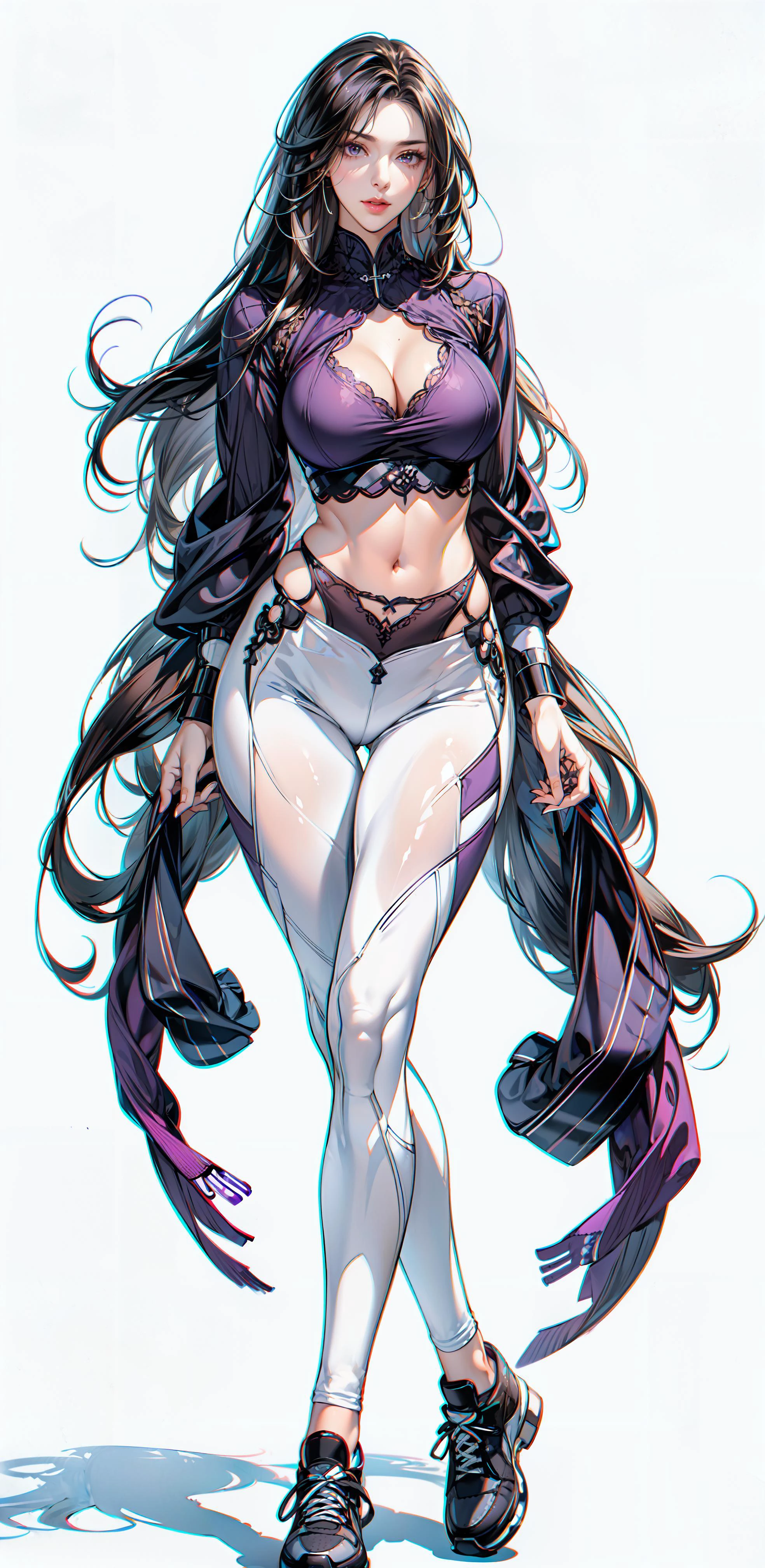 <lora:DETAIL_SLIDER_BY_STABLE_YOGI:0.8>, (full body shot:1.2),
(Mature women:1.2),masterpiece, (best quality),(extremely detailed eyes and face),extremely detailed CG unity 8k wallpaper,best quality,(Perfect detail:1.2),
1 woman, (detailed:1.2), (realistic:1.2), (standing:1.1), (full body shot:1.2), (outdoors:1.1),(skinny:1.5), scenic view,(large breasts:1.2), (big hips:1.1), (small waist:1.0),(Long legs:1.1), beautiful legs,
Young wife,(Long black hair:1.2), Long straight hair, cut hair,(straight hair:1.3),charming,SEX,sneakers,
(white background:1.5), monotonous background,(empty-handed:1.1),scenic view,
<lora:Leggings Sports Bra By Stable Yogi:0.6>( Purple lace leggings:1.2), (Purple lace sports bra:1.1),(hollowed out clothes:1.1), <lora:绪å¿-ãè§£å³æå´©é¾é¢ãæ´åå
_v1.0:0.5> <lora:ClothingAdjuster3:-0.2> <lora:ConceptHighLegs_v10:0.2> <lora:breastsizeslideroffset:0.1><lora:add_detail:0.7> <lora:muscleGirl_v1:0.15>