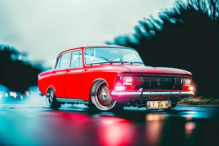 masterpiece,best quality,official art,extremely detailed CG unity 8k wallpaper,illustration, light,car, bright, motor vehicle, ground vehicle, sports car, vehicle focus, road, need for speed, moving, wet, (night, midnight:1.5), cyberpunk, tokyo,neon lights,drift,  PHOTOGRAPHY ART STYLE BEAUTIFUL PORTRAITS PHOTOREALISTIC <lora:IZH412:1>, (IZH412)