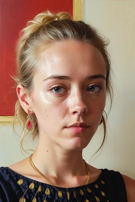 stunning medium photo of (emb-agalakovavika:1),1girl, (jewelry,earrings, barrette,mismatched earrings , ribbon-trimmed_dress), worried look, ((jewish temple)), RAW, best quality, masterpiece, ultra-detailed, realism, (extremely detailed eyes, extremely detailed face), detailed skin, textured skin, insane details, soft lighting, UHD, looking at viewer, intricate details, sharp focus, absurdres, highres, style by Ravi Zupa, bold, bright colours, by Romina Ressia , (watercolor_medium, brush strokes, painting:0.8),