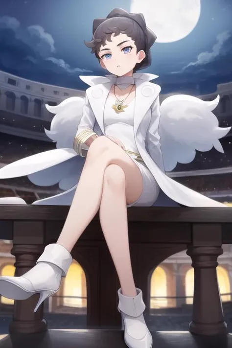 masterpiece, high quality, diantha, necklace, white coat, white shirt, white shorts, high heels, Sitting down with legs crossed, colosseum, moon, night, <lora:diantha-nvwls-v1:0.9>