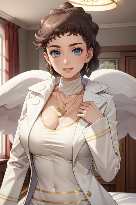 masterpiece, best quality, diantha, necklace, white coat, white shirt, white shorts, upper body, large breasts, hand to chest, room, blue lighting, looking at viewer, smile, closed mouth <lora:diantha-nvwls-v1-000008:0.9>
