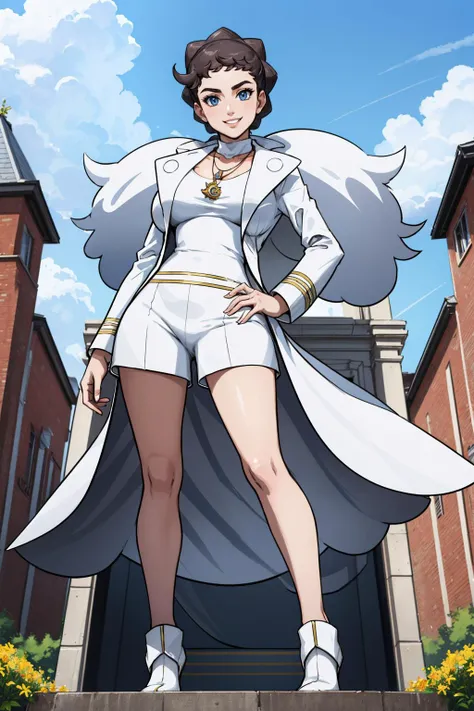 masterpiece, best quality, diantha, necklace, white coat, white shirt, white shorts, high heels, large breasts, contrapposto, looking at viewer, smirk, from below <lora:diantha-nvwls-v1-000008:0.9>