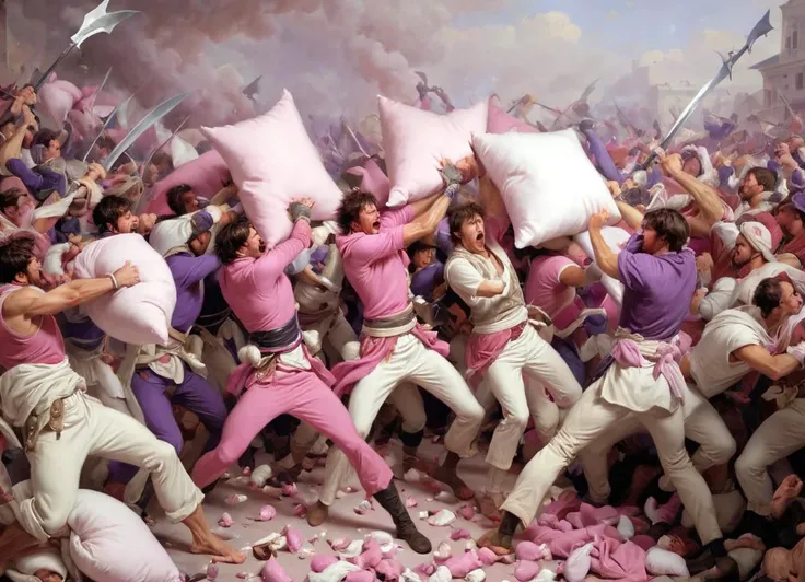 pillow fight, men armed with pillows, lots of pillows, pink, white and violet, epic battle, melee, 
 <lora:Napoleonic_Battle_SDXL:0.8>