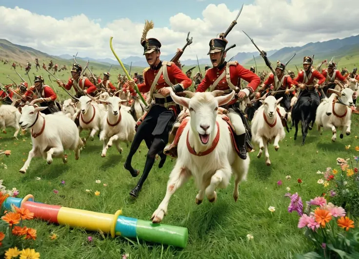 cinematic  scene, a military battle with cavalry men on goats charging across a lush green landscape with green grass and colorful flowers, holding pool noodles
 <lora:Napoleonic_Battle_SDXL:0.8>