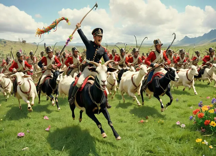 cinematic  scene, a military battle with cavalry men on goats charging across a lush green landscape with green grass and colorful flowers, holding pool noodles
 <lora:Napoleonic_Battle_SDXL:0.8>