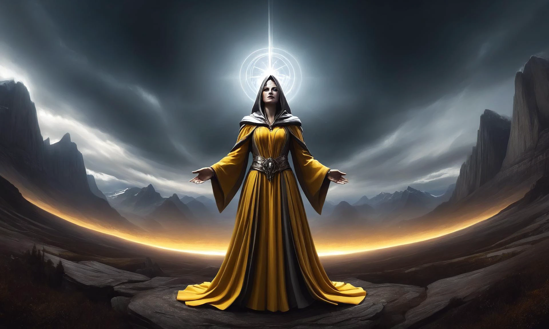 a cubistic digitalart image of A female conjurer standing in a clearing in a dark wood casting a complex magical spell, concentrated facial expressions, eyes partly closed, wearing yellow and Nickel silver robes