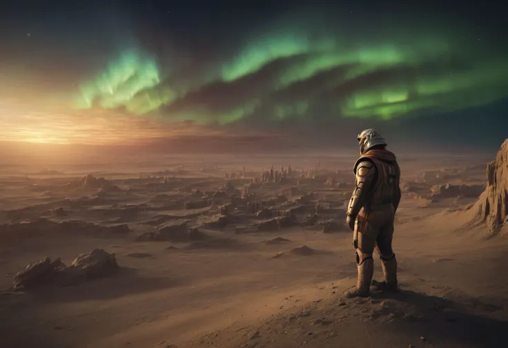 ▲ Close to: 
Photography of remains of a ruined city and desert sand, aurora borealis in the sky, a space desert character in jumpsuit looks, realism, 