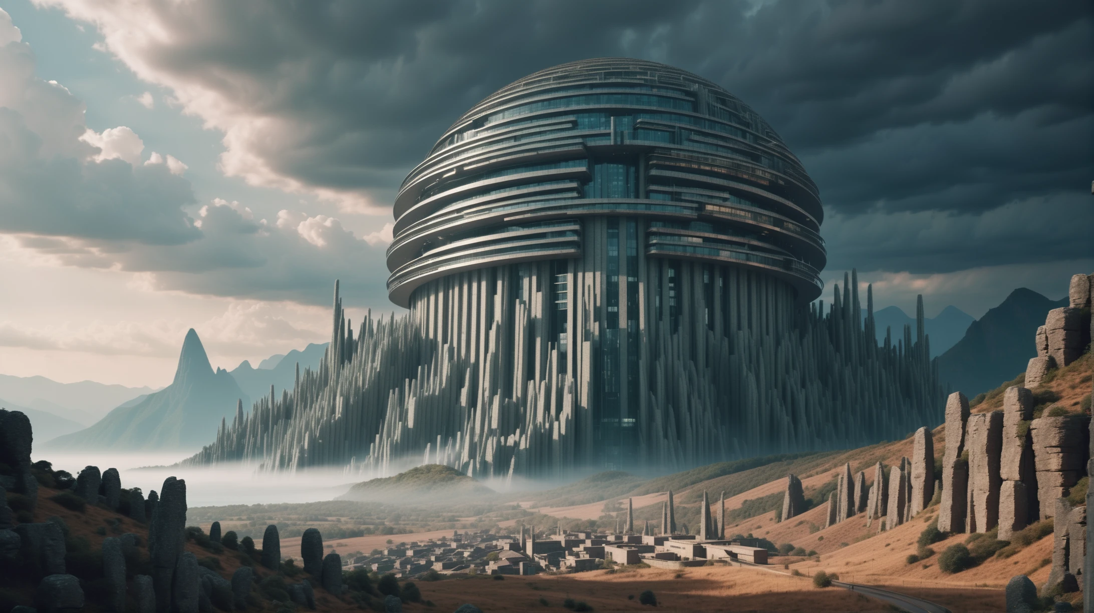 photograph, cinematic color grading, temporary housing in a mysterious,gargantuan fantasy hillside megastructure beyond the end of the multiverse, masterpiece<lora:EnvyPanoramaXL01:1.5>