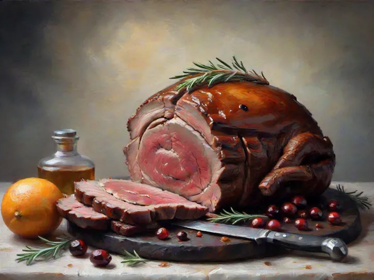a cooked hunk of roast beef, sliced, garnished, rosemary, thyme, citrus, cranberries, juniper berries, pine boughs, a carving knife stabbed into the roast beef, ((stone background)), gourmet, banquet style, still life, illuminated by an iron lantern, ((by palette knife)),<lora:PaletteKnife:1.3>, luminism, dynamic lighting, lights, oil on canvas, oil painting, (palette knife), traditional media, painting (medium),, chipped, peeling, cracked, colorful, saturated, textured, luminism, ultra highly detailed, 32k, fantastic realism, complex background, dynamic lighting, highly detailed, intricate, precise palette knife use, painting