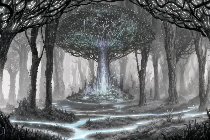 background focus, psychedelic style, semi realistic, legendary landscape, scenery, landscape, a vibrant black and white fantasy fairy forest, fairy forest, mushroom kingdom, green and pink neon trim, fireflies, greyscale sparkling oasis, fantasy world, bright, beautiful, serene and vibrant, natural architecture, fantasy civilization, greyscale, partial color, glowing aura, background focus, Ultra high res,