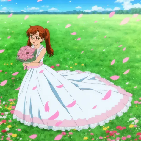 <lora:chu-bra!!:0.7> hayama nayu, long hair, brown hair, brown eyes, twintails, glasses, happy, wearing a detailed white wedding dress with ruffles and lace, outdoors, holding a bouquet of pink roses, flower petals falling from the sky, nature background, white and pink flowers scatter on a grassy field, full body shot, pink roses in hair <lora:Squeezer2:0.7>, 8k, masterpiece, absurdres, anime,