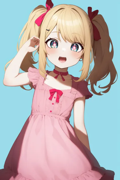 anime, flat color, 1girl, cute, child, pink dress, upper teeth, 8k, incredibly absurdres, blonde, detailed pupils, hair pin, twintails, 8k, masterpiece, trending on artstation