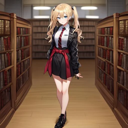 score_9, score_8, source_anime, rating_safe, 1girl, full body, solo, looking at viewer, upperbody, indoors, library, books, arms on waist <lora:Sasha_Necron_v2:0.9>, sasha_necron, long hair, blonde hair, blue eyes, twintails, hair between eyes, bangs, black necktie, fingerless gloves, long sleeves, black jacket, red stripes, white shirt