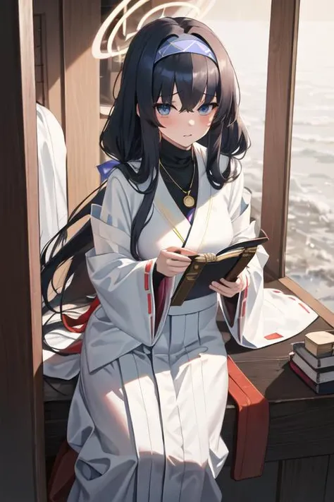 best quality, masterpiece, highres, solo, {white kimono:1.35}, {red hakama:1.35}, {wide sleeves:1.20}, {ui_bluearchive:1.15}, long_hair, black_hair, bangs, hairband, halo, bags_under_eyes, blue_hairband, blue_eyes, hair_between_eyes, blush, jewelry, necklace, cardigan, very_long_hair, breasts