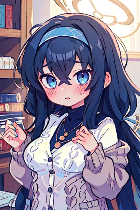 (masterpiece, best quality), 1girl, beautiful face, <lora:ui_bluearchive:1> ui_bluearchive, long_hair, black_hair, bangs, hairband, halo, bags_under_eyes, blue_hairband, blue_eyes, hair_between_eyes, blush, jewelry, necklace, cardigan, very_long_hair, breasts