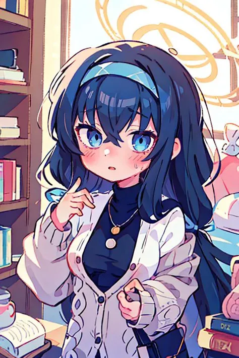 (masterpiece, best quality), 1girl, beautiful face, <lora:ui_bluearchive:1> ui_bluearchive, long_hair, black_hair, bangs, hairband, halo, bags_under_eyes, blue_hairband, blue_eyes, hair_between_eyes, blush, jewelry, necklace, cardigan, very_long_hair, breasts