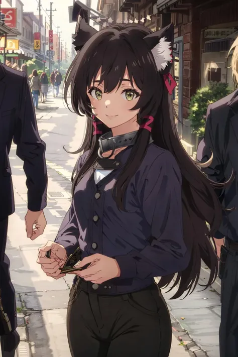 mature woman, hourglass figure, <lora:HNTASADL_Rem_Galleu_by_minion:0.5> rem galleu, fully clothed, long sleeves, long pants, looking at viewer, smile, hair ribbon, metal collar, dynamic pose, high contrast, sharp focus, masterpiece, best quality, highly detailed, HDR, highest quality, highres, sharp focus, 8k, 16k, skin pores, dynamic lights, realistic shadows, best shading, award winning masterpiece, 1girl, solo