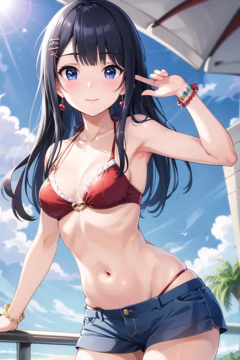 (masterpiece, high quality, high resolution, absurd, super detailed, High saturation、8k),real:1.5,solo,(micro bikini),sexy girl,neat and clean、sexy、beautiful eyes、forehead,wavy hair,(colorful hair:1.5),standing、 ,(beach),