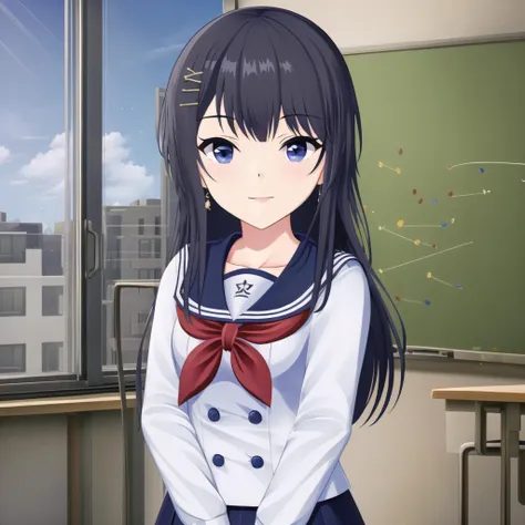 high quality, best quality, masterpiece, absurdres, nagase kotono, uniform, 1girl,  <lora:kotono-000003:0.75>, solo, classroom, sitting, [smile, blush]