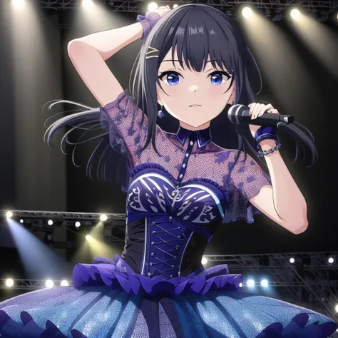 high quality, best quality, masterpiece, absurdres, nagase kotono, idol, 1girl, <lora:kotono-000003:0.75>, solo, on_stage, stage_lights, light_rays, singing