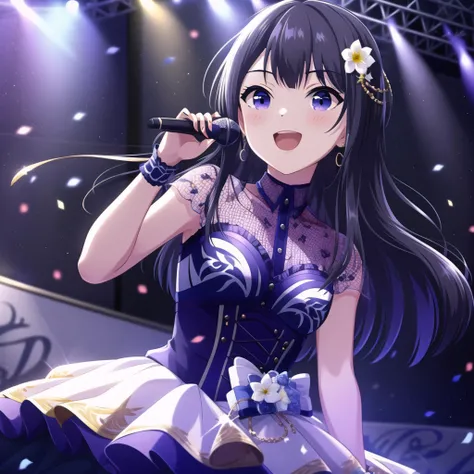 high quality, best quality, masterpiece, absurdres, nagase kotono, idol, 1girl, <lora:ktn-000004:0.75>, solo, on_stage, smile, singing, light_particles