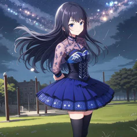 (masterpiece, best quality), 1girl, solo, dutch_angle, nagase kotono, idol outfit, <lyco:kotono-000022:0.5:0.75>, wind, smile, blush, arms behind back, outdoors, park, grass, night, night_sky, galaxy, hdr