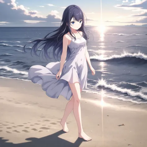 (masterpiece, best quality), 1girl, solo, full_body, nagase kotono, white dress, <lyco:kotono-000022:0.75>, wind, barefoot, walking, beach, ocean, sunset, lens_flare