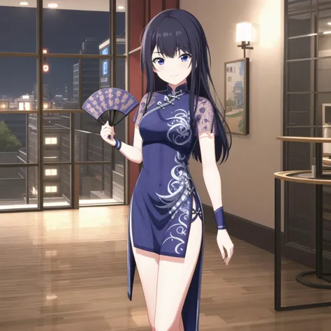 (masterpiece, best quality), 1girl, solo, nagase kotono, (chinese_dress, qipao), <lyco:kotono-000022:0.75>, standing, holding_fan, fan, smile, blush, indoors, ballroom, night, light_particles