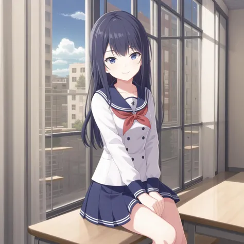 (masterpiece, best quality), 1girl, solo, nagase kotono, hoshimi uniform, <lyco:kotono-000022:0.75>, classroom, sitting, chair, school_desk, smile, blush, window, curtains, day, sky, cloud, light_rays