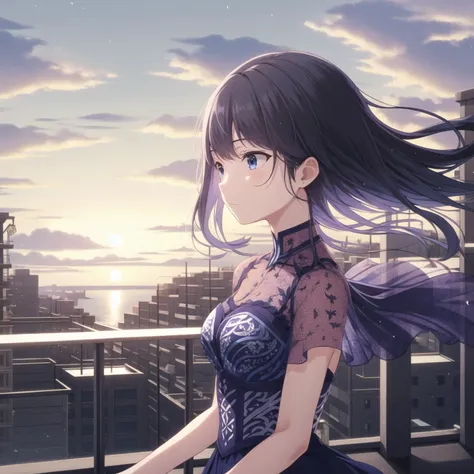 (masterpiece, best quality), 1girl, solo, upper_body, nagase kotono, idol outfit, <lyco:kotono-000022:0.75>, floating_hair, wind, looking_away, looking_to_the_side, expressionless, rooftop, railing, sunset, gloom, hdr