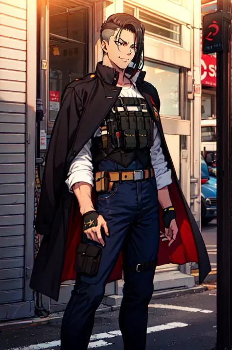 <lora:aiueoka:0.8> solo, cowboy shot,, ultra detailed, masterpiece, best quality, aesthetic, detailed,, solo, smug smile, 1boy, red eyes, <lora:Tsurime3:0.7>, (tsurime:1.2), black hair, undercut, top knot, parted bangs, long bangs, bangs, short hair, hair intakes, tall,, <lora:StS-Coat-and-Jacket-On-Shoulders-Iteration2:0.7> dataset, jacket on shoulders, (coat on shoulders:1.3), black coat, dress shirt, sleeves rolled up, fingerless gloves, holster, pants, belt, multiple belts, combat boots, bulletproof vest, tactical clothes,