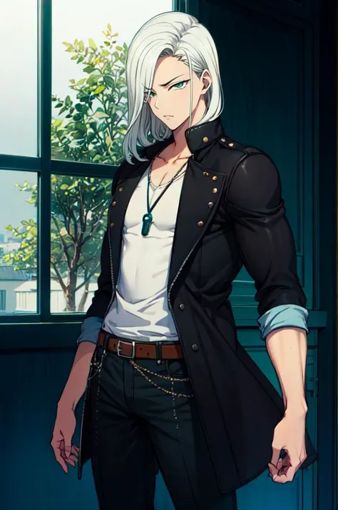 <lora:aiueoka:0.8> solo, cowboy shot,, ultra detailed, masterpiece, best quality, aesthetic, detailed,, solo, 1boy, teal eyes, <lora:Tsurime3:1>, (tsurime:1.2), parted bangs, white hair, medium hair, straight hair, shoulder-length hair, male focus,, coat, shirt, pants, studded belt, multiple belts, combat boots, torn clothes, necklace, black coat, black and green theme,