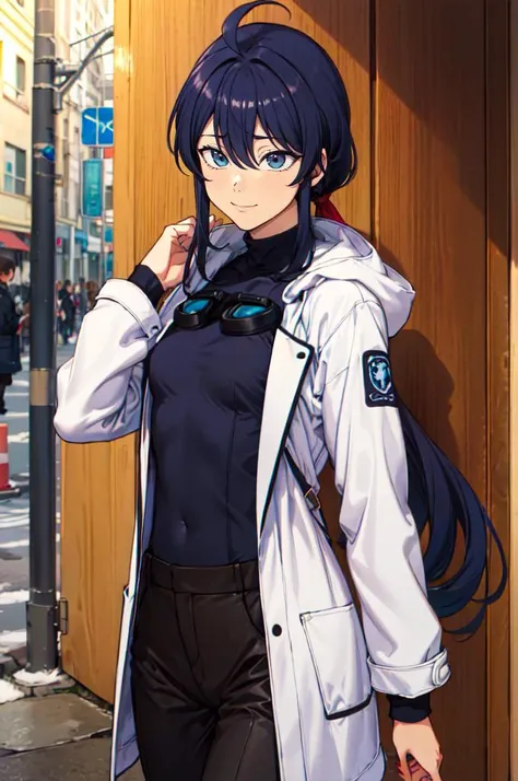 <lora:aiueoka:0.8> solo, cowboy shot,, ultra detailed, masterpiece, best quality, aesthetic, detailed,, solo, soft smile, light smile, 1girl, aqua eyes, black hair, <lora:low_ponytail-1.0:0.95> low ponytail, ahoge, absurdly long hair, very long hair, hair flaps, hair between eyes, bangs, messy hair, small breasts, (goggles on head:1.1),, hooded coat, open coat, turtleneck, pants, black knee boots, multiple straps, white coat, layered clothes, hair ribbon, pants under skirt,