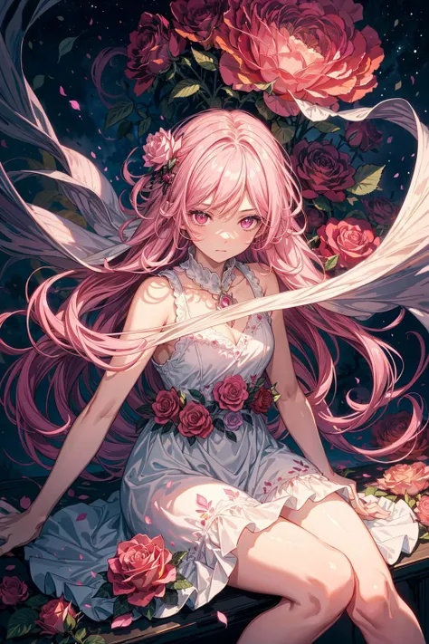 ((best quality, masterpiece)),  ((style-swirlmagic):0.75)
1girl, pink long hair, glowing pink eyes, detailed, crimson light, detailed background, field of pink roses, white sundress, scary clouds, light particles, sitting on roses,  
<lora:more_details:0.5>