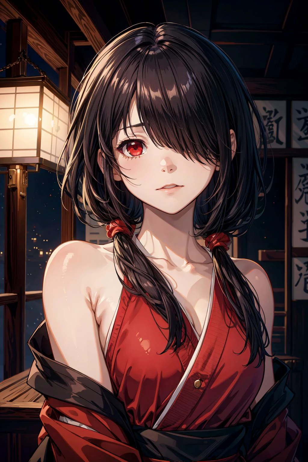((best quality, masterpiece)), ((style-swirlmagic):0.75)
kurumitokisaki, <lora:kurumitokisaki:1>, tokisaki kurumi, black hair, low twintails, (hair over one eye:1.5), (red eyes:1.2), (small breast:1.2),
bare shoulders, japanese clothes, kimono, yukata, red kimono, BREAK looking at viewer,
indoors, bed, bedroom,
high resolution, unity 8k wallpaper, (illustration:0.8), (beautiful detailed eyes:1.6), extremely detailed face, perfect lighting, extremely detailed CG,
<lora:more_details:0.5>