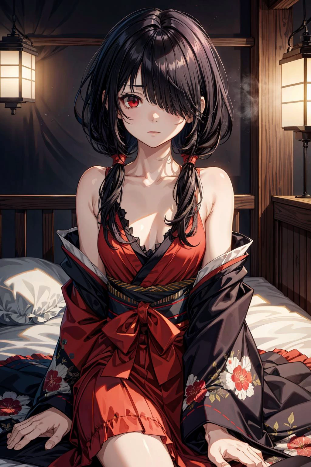 ((best quality, masterpiece)), ((style-swirlmagic):0.75)
kurumitokisaki, <lora:kurumitokisaki:1>, tokisaki kurumi, black hair, low twintails, (hair over one eye:1.5), (red eyes:1.2), (small breast:1.2),
bare shoulders, japanese clothes, kimono, yukata, red kimono, BREAK looking at viewer,
indoors, bed, bedroom,
high resolution, unity 8k wallpaper, (illustration:0.8), (beautiful detailed eyes:1.6), extremely detailed face, perfect lighting, extremely detailed CG,
<lora:more_details:0.5>