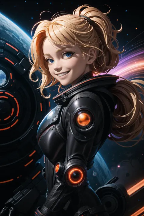 ((best quality, masterpiece)), ((style-swirlmagic):0.2),
((black and red leather futuristic spacesuit)), neon lit, (smiling), 1girl, blonde hair, wavy hair, a white parts of mechanical female, looking at viewer, soft colors, black background,
<lora:more_details:0.5> ,
<lora:LowRA:0.15>