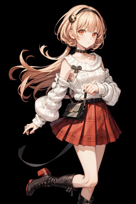 ((best quality, masterpiece)), ((style-swirlmagic):0.25)
solo, 1girl, full body, standing, <lora:compa_v2-000009:0.8>, compa, hairband, choker, white sweater, aran sweater, cable knit, detached sleeves, plaid skirt, pleated skirt, red skirt, black thighhighs, white footwear, boots
<lora:more_details:0.5>